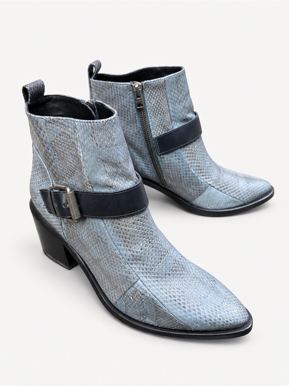 AllSaints Jason Blue Snakeskin-Textured Ankle Boots, Size 40